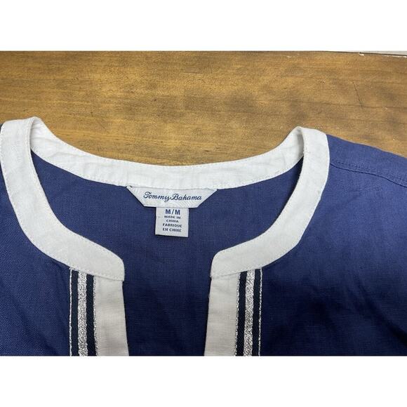 Tommy Bahama Women’s Blue Tunic Blouse Adorned With Silver Threading Sz M Linen - Picture 4 of 12